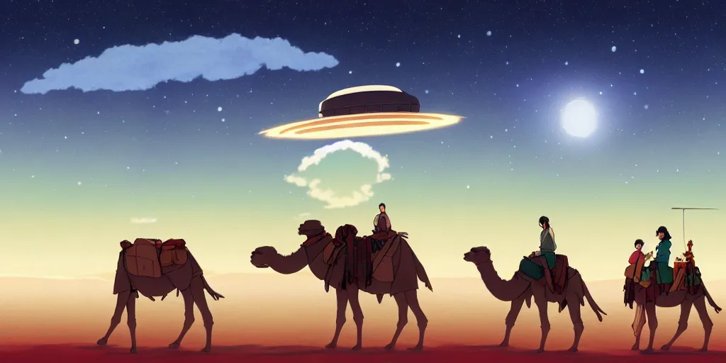 Prompt: a cell - shaded studio ghibli concept art of a hovering ufo shining a spotlight on a camel caravan in a flooded stonehenge desert on a misty starry night. very dull colors, hd, 4 k, hq