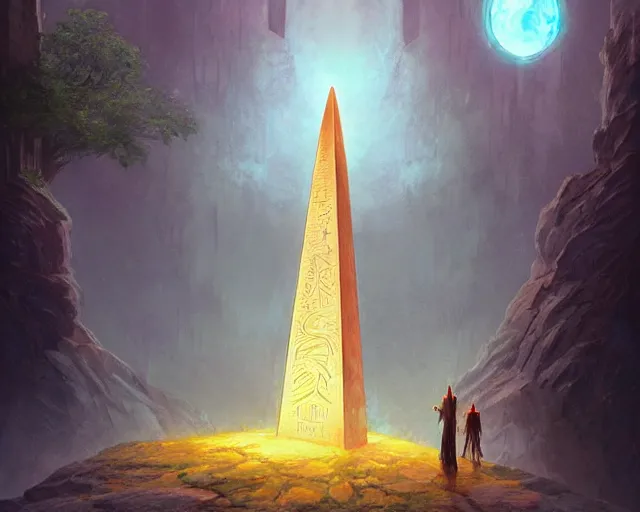 Image similar to priestess of light standing a glowing obelisk etched with burning inscriptions, fantasy art by marc simonetti, artgerm, artstation, celestial mountain grove, moonlight, sylvain sarrailh