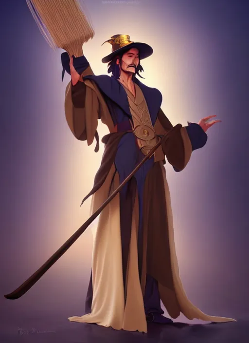 Prompt: elegant fantasy wizard based on johnny depp holding a broom natural lighting, path traced, highly detailed, high quality, digital painting, by don bluth and ross tran and studio ghibli and alphonse mucha, artgerm