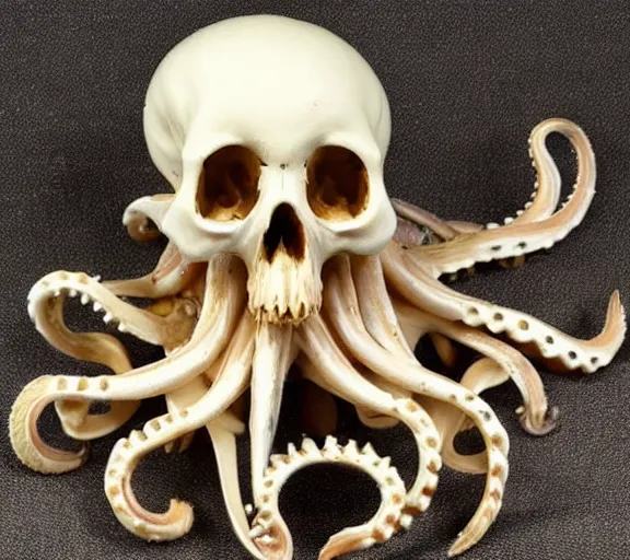 Image similar to an intricately detailed carving in an human - octopus skull, rococo ornate bone and ivory sculpted skull with teeth and tentacles, horror, artifact, micro detailed, inscribed with occult symbols, otherworldly