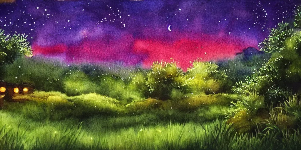 Image similar to nighttime nature landscape, lush, rich greenery, watercolor, ultra realistic, highly detailed, hd, sharp focus, warm colors, realistic, vivid colors, painting, non blurry, sharp, smooth, illustration