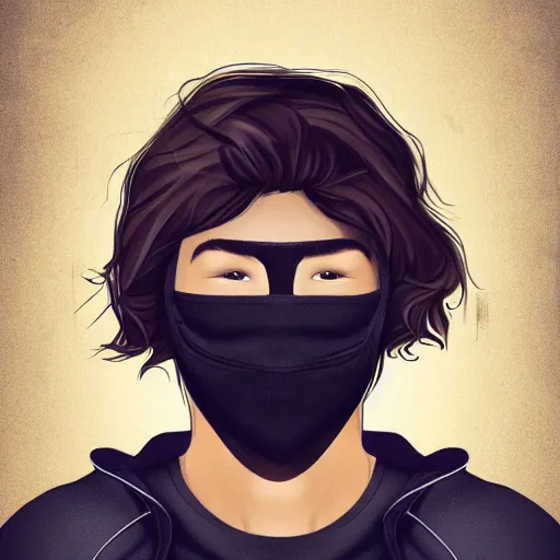 Image similar to professional digital art of a young adult man with slightly long hair wearing a black face mask and an oversized dark sweatshirt and dark sweatpants, high quality, HD, 8K, highly detailed, award-winning, sci-fi, fantasy, movie, concept