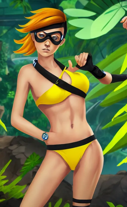 Image similar to tracer game character, in yellow bikini, blonde hair, black eyes, hands free, against the background of the jungle full height