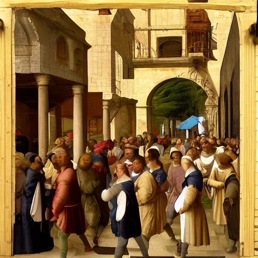 Image similar to people wearing cap hoodies, streetware, in the streets in renaissance painting style