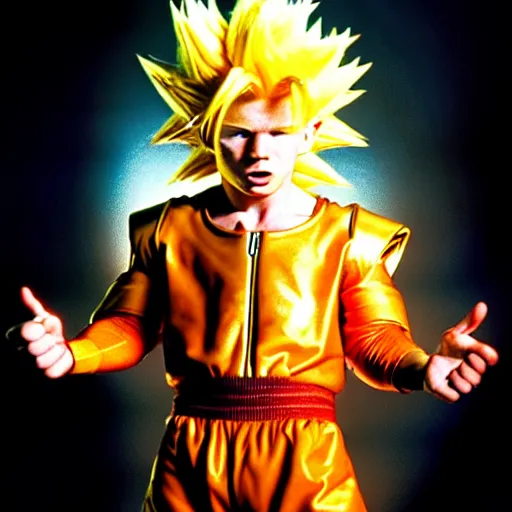 Image similar to uhd candid photo of hyperdetailed young dave mustaine as a super saiyan. correct face, intricate costume, cinematic lighting, photo by annie leibowitz, and steve mccurry.