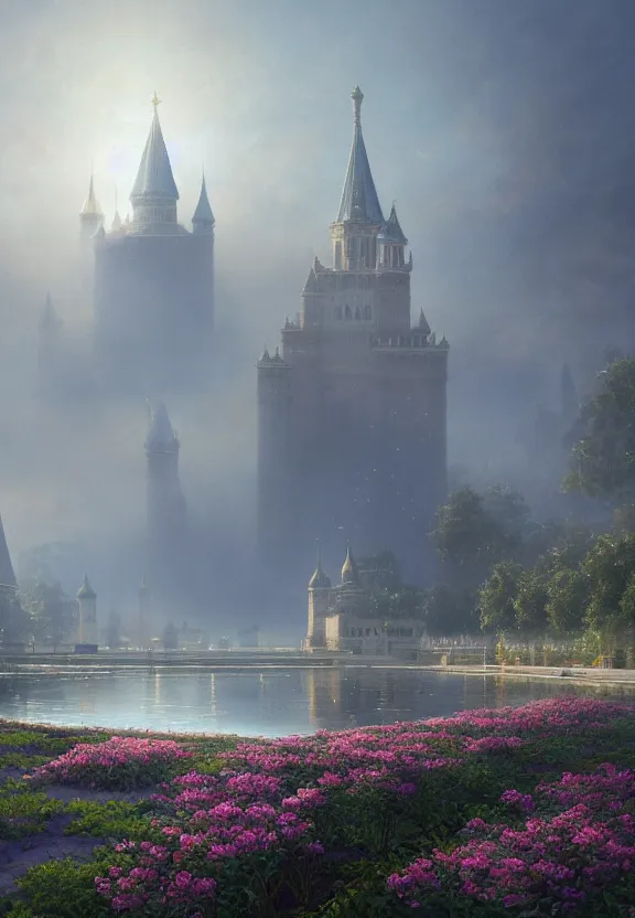 Image similar to vanishing point, palace like the kremlin in distance on a lake is covered with aqua blue roses, viewed from afar, stephen bliss, misty, unreal engine, fantasy art by greg rutkowski, loish, ferdinand knab, and lois van rossdraws,, global illumination, radiant light, minimalist, detailed and intricate environment