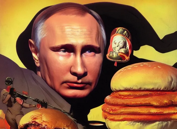 Image similar to face of a putin jammed between hamburger buns, leaking with puss, 4k, trending on artstation, Frank Frazetta, Norman Saunders