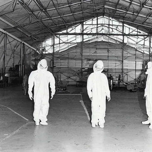 Prompt: an alien ship inside a hanger, old photo, vintage photo, grainy, realistic, real photo, men in hazmat suits standing around