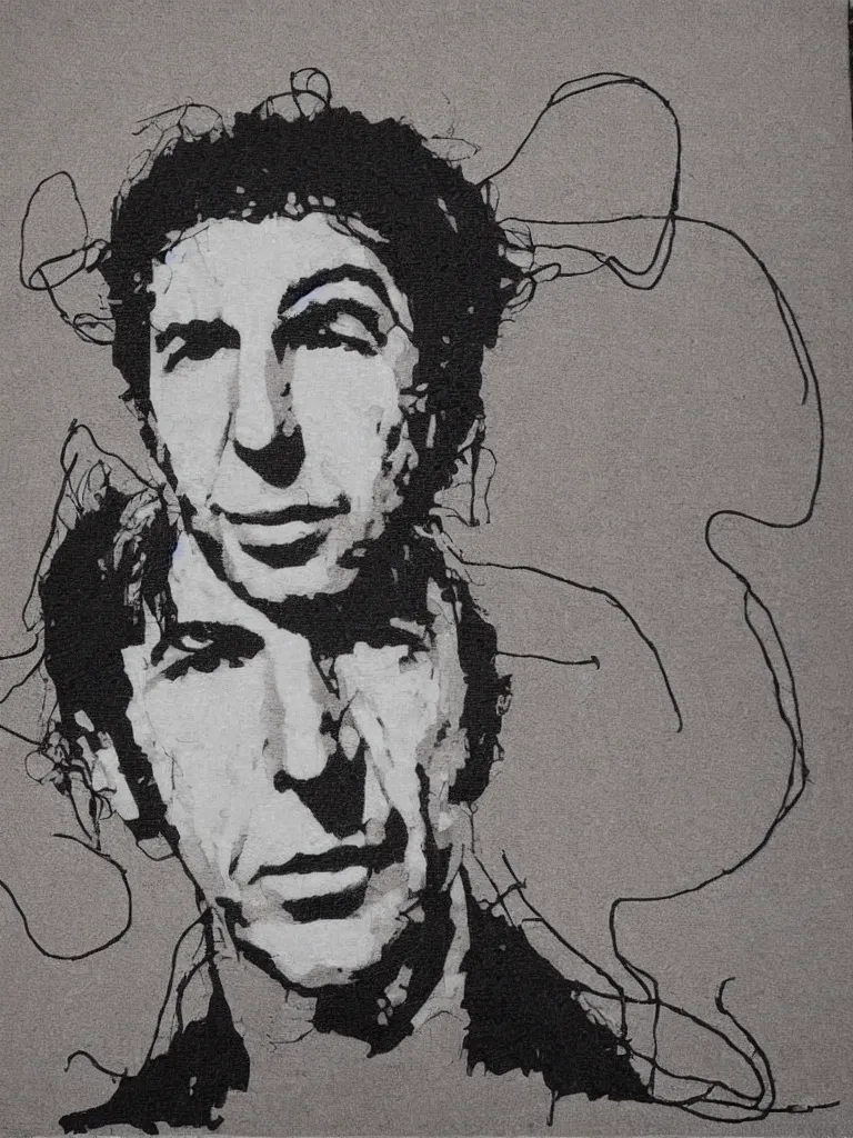 Prompt: wire art portrait of young leonard cohen.