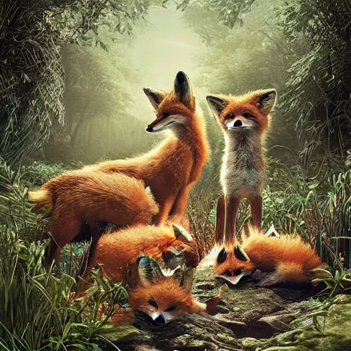 Prompt: a portrait of a fox family drinking on a river in a forrest, an ultrafine hyperdetailed illustration by kim jung gi, irakli nadar, takato yamamoto, intricate linework, bright colors, porcelain skin, unreal engine 5 highly rendered, fashion photography, fractal background, global illumination, radiant light, detailed and intricate environment