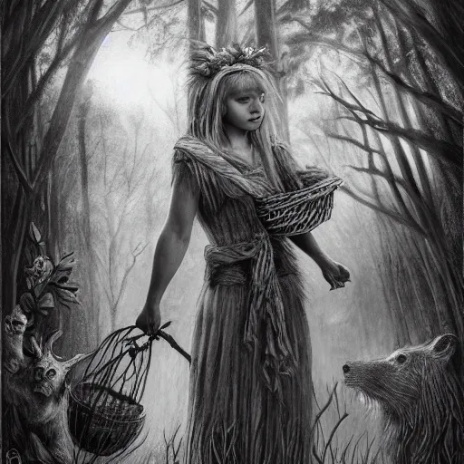 Image similar to pencil drawing, cenozoic by alejandro burdisio rich. a experimental art of a vasilisa standing in the forest, surrounded by animals. she is holding a basket of flowers in one hand & a spindle in the other. gentle expression. in the background, the forest is dark & mysterious.