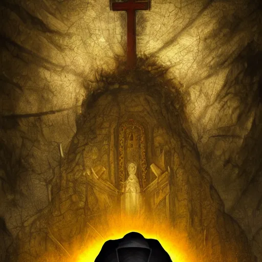 Image similar to An old catholic priest kneeled in fervent prayer. He is looking above him. His eyes are wide open with fear. Ominous dramatic yellow lighting. Overhead view, award-winning digital art, trending on ArtStation