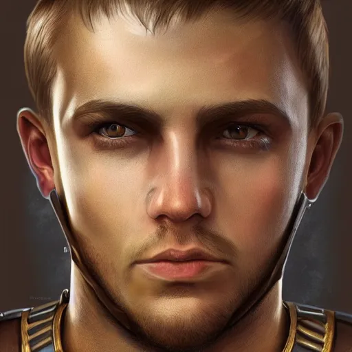 Prompt: realistic full face portrait, 30 year old man :: athletic, metal cuirass, majestic, authority :: high detail, digital art, RPG, concept art, illustration