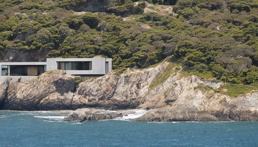 Image similar to coastal perched on a cliff overlooking a magnificient bay, big brutalism architecture on cliffs, drawing architecture, pritzker architecture prize, greig fraser