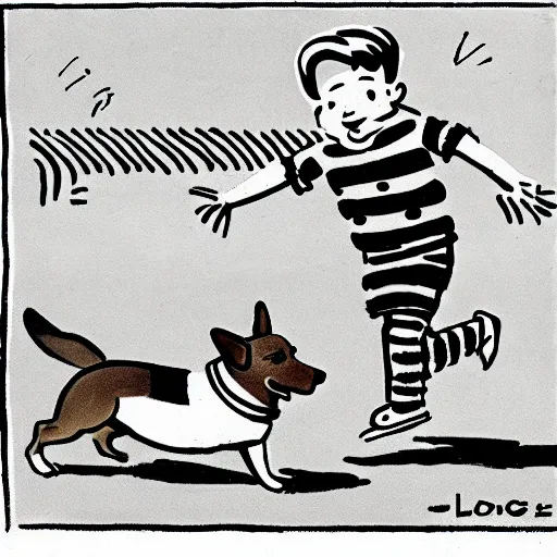 Image similar to illustration of french boy in paris playing football against a corgi, the dog is wearing a polka dot scarf, comic, 1 9 6 2