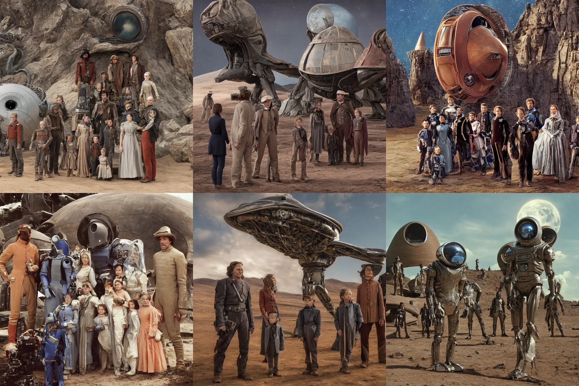 Prompt: highly detailed, 274438953472k film still from a sci fi blockbuster color movie made in 2019, set in 1860, of a family standing in front of a spaceship that has just landed on an alien planet, a humanoid alien creature stands nearby, the family are all wearing 1860s era clothes, good lighting, good photography, 8k HD, ultra high definition