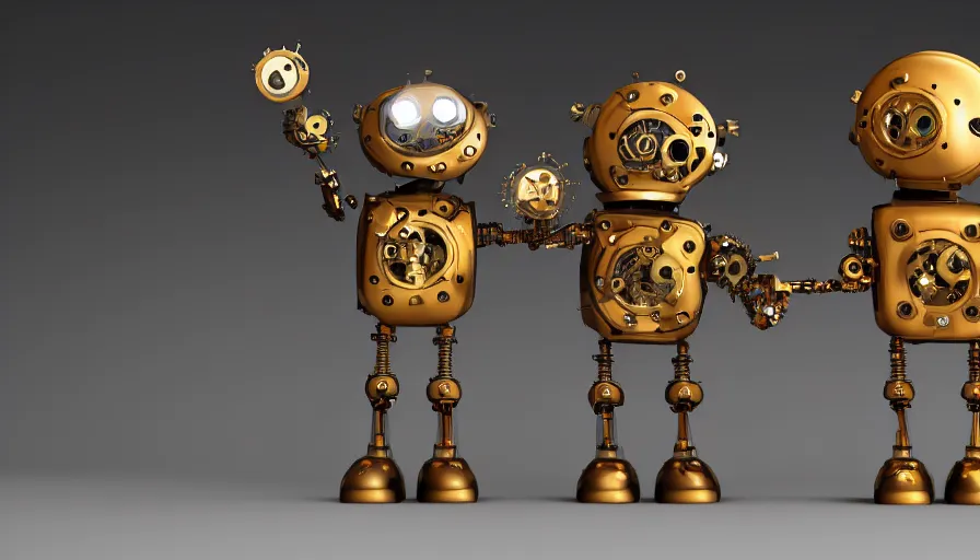 Prompt: two cute steampunk robots with human skin and large shiny eyes smiling and waving, isolated on white background, cinematic lights, 3D occlusion