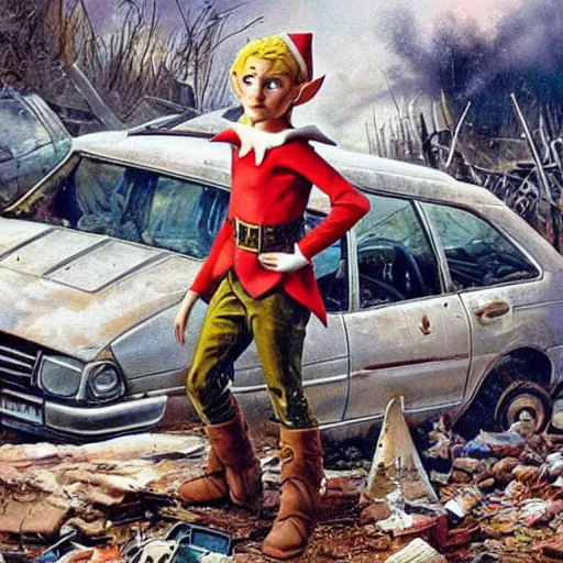 Image similar to an elf with spiky blonde hair wearing dark brown overalls and holding dynamite standing next to a destroyed car, painting by Mark Brooks