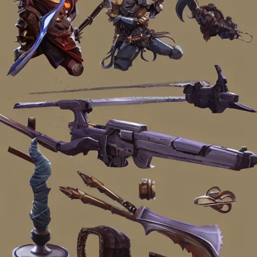 Prompt: set of 2d weapons and items , game asset of six different 2d items and weapons by Stanley Artgerm Lau, game pack, assets, WLOP, Rossdraws, James Jean, Andrei Riabovitchev, Marc Simonetti, and Sakimichan, tranding on artstation , assets