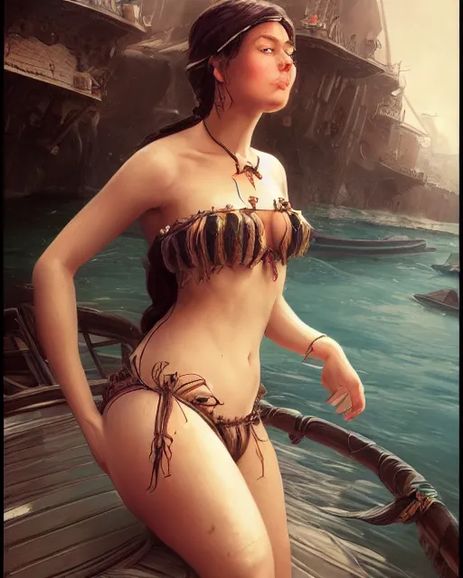 Image similar to A beautiful female maid wearing a magical bikini posing on a boat, detailed face, fantasy art, in the style of greg rutkowski, illustration, epic, fantasy, intricate, hyper detailed, artstation, concept art, smooth, sharp focus, ray tracing, profile shot