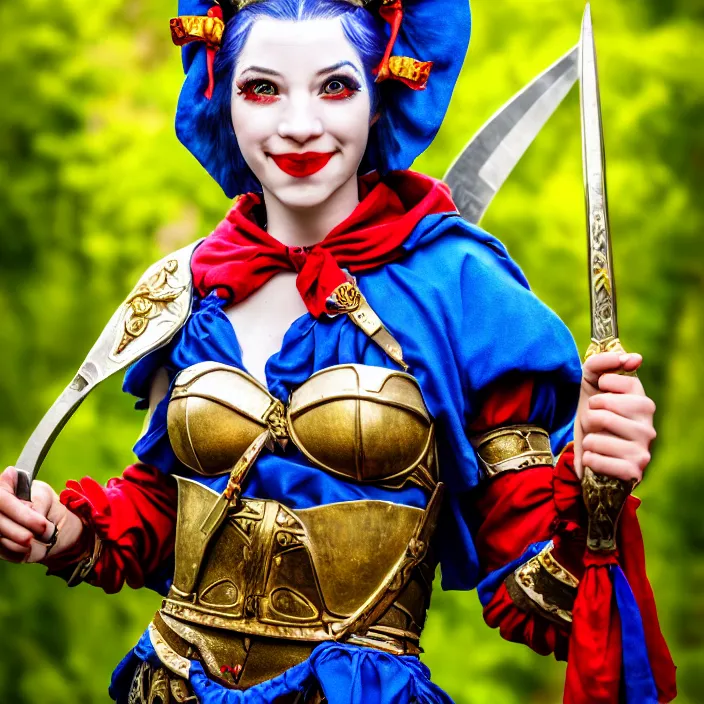 Prompt: photo of a real - life cute beautiful female jester warrior, 8 k, hdr, smooth, sharp focus, high resolution, award - winning photo