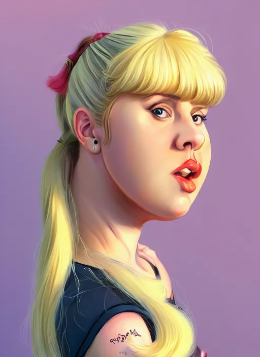 Image similar to full body teenage betty cooper, blonde hair, obese, bangs, ponytail, sultry, realistic, sultry smirk, ponytail, fluffy bangs, curly bangs, fat, belly, beautiful girl, intricate, elegant, highly detailed, digital painting, artstation, concept art, smooth, sharp focus, illustration, art by wlop, mars ravelo and greg rutkowski