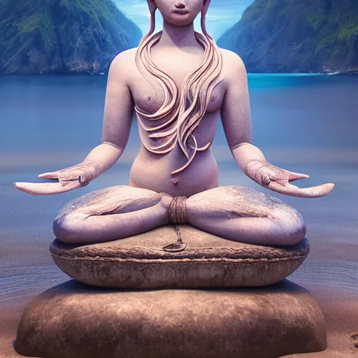 Image similar to stunning artstation style portrait painting of a mermaid bodhisattva, praying meditating prayer hands, on the beach, by the ocean, stunning sky, WLOP, 8k masterpiece, curvy, slim build, full frame shot, cinematic lighting, pristine clean design, fantasy, insanely detailed, atmospheric