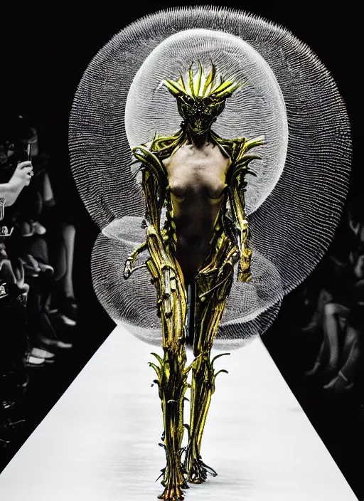 Image similar to walking down the catwalk, steven klein, show, stage, vogue photo, podium, fashion show photo, iris van herpen, beautiful woman, full body shot, helmet on face, masterpiece, plant predator, guyver, jellyfish, biomechanical details, movie still, fauvism, cinestill, bokeh, gelios lens