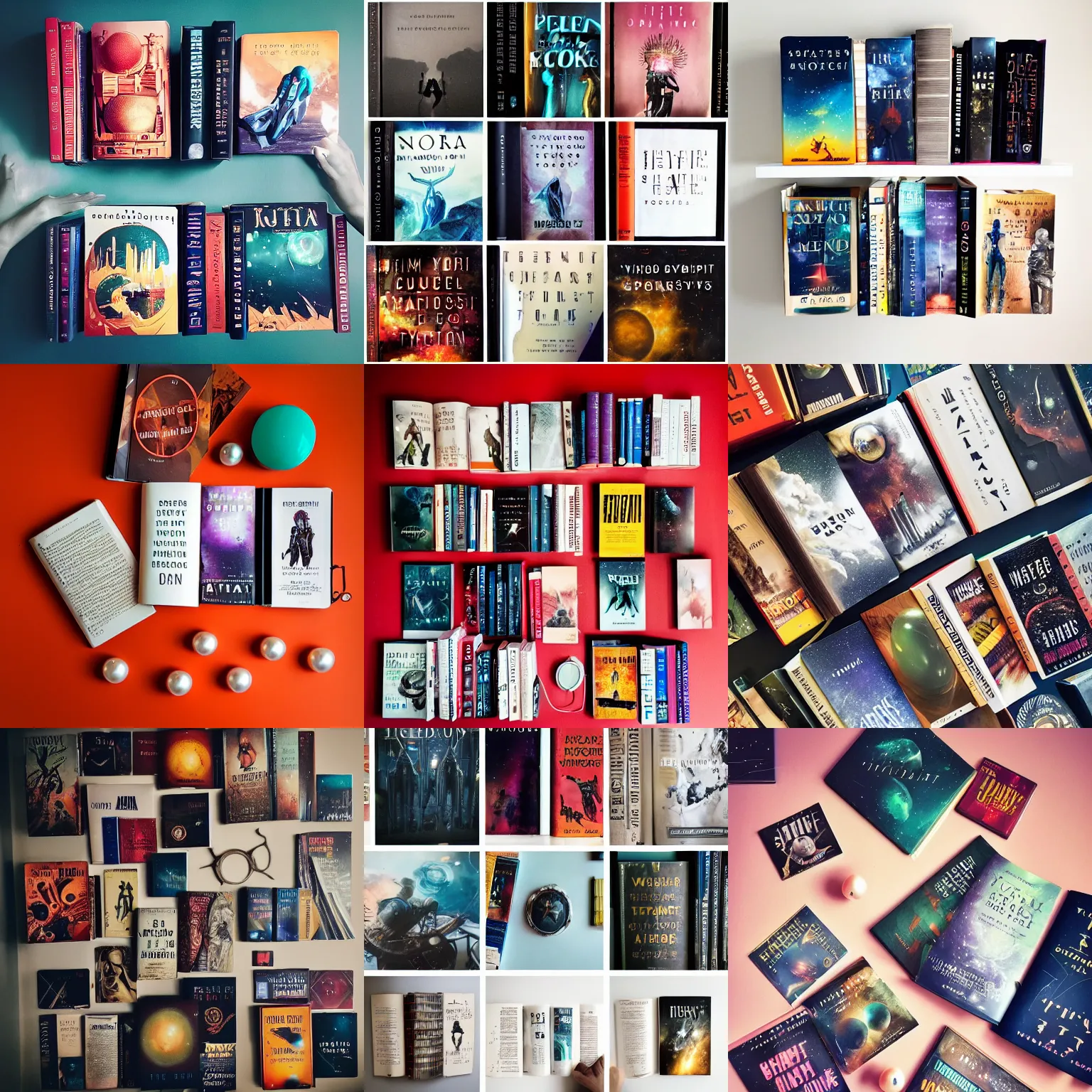 Prompt: flatlay scifi book collection, vivid colors, dramatic lighting, minimalist and clean, scattered pearls