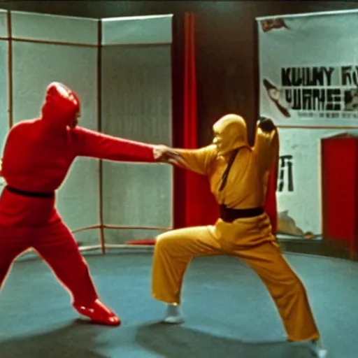 Image similar to 1 9 7 0's kung fu movie, a man in a rubber latex hot dog costume fighting a man wearing a rubber latex hamburger costume inside a futuristic ufc octagon cage arena