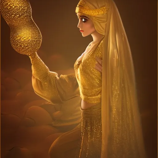 Prompt: aesthetic!!! Female genie in Arabic clothing, ethereal, gold tint, cinematic lighting