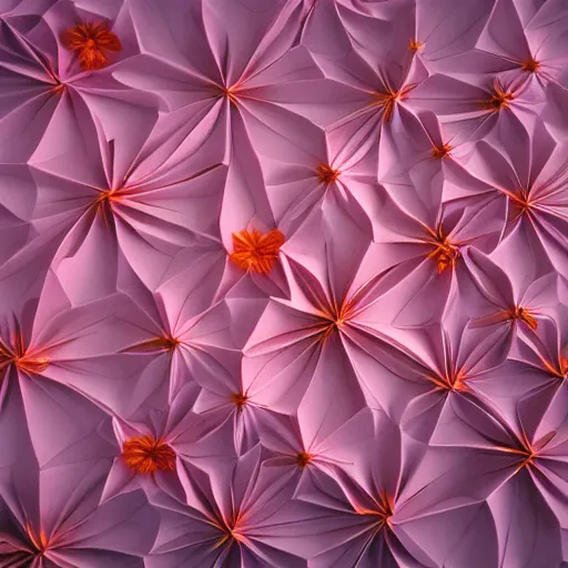 Image similar to an epic flowering alien landscape in the style of origami, 8 k, cinematic light