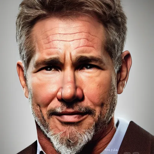 Image similar to the face of a succesful man who looks like a mix of Harrison Ford, Tom Hanks, Tom Cruise and Ryan Reynolds. highly detailed uncropped full-color epic corporate portrait photograph. best corporate photoraphy photo winner, meticulous detail, hyperrealistic, centered uncropped symmetrical beautiful masculine facial features, atmospheric, photorealistic texture, canon 5D mark III photo, professional studio lighting, aesthetic, very inspirational, motivational