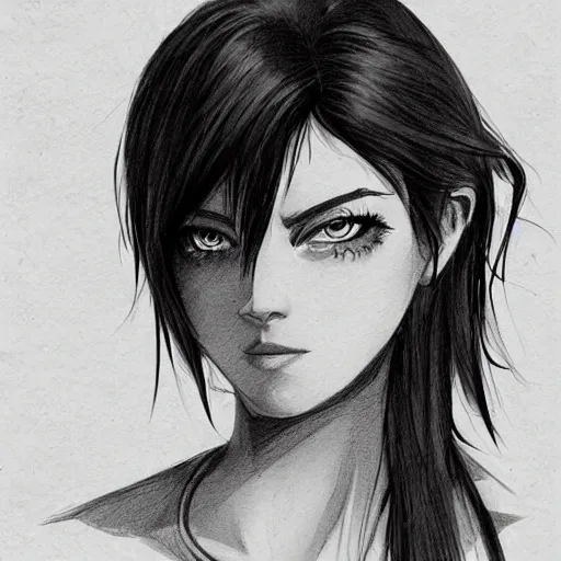 Prompt: sketch portrait of the head of a hispanic girl with short black hair, cute, beautiful, healthy, lean face, inked manga by Charlie Bowater and WLOP
