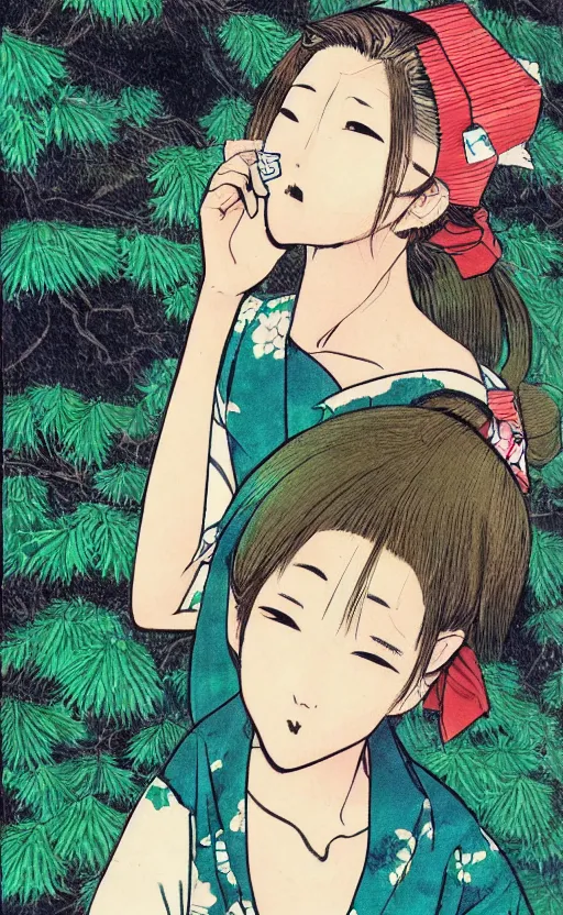 Prompt: by akio watanabe, manga art, a girl and japanese pines, trading card front, kimono, realistic anatomy, sun in the background