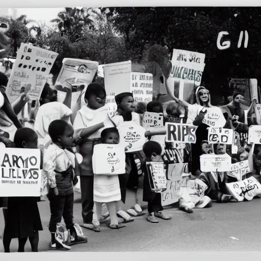 Image similar to babies protesting in front of a daycare center