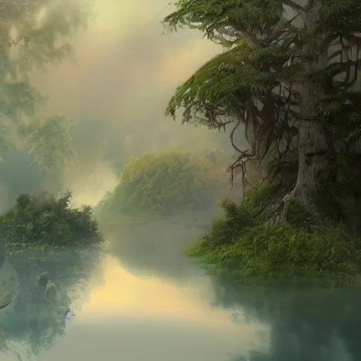 Image similar to Misty lake in the middle of the jungles, 8k, detailed, concept art, trending on artstation