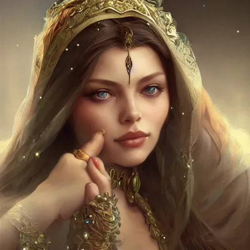 Image similar to beautiful young ornella muti, closeup, d & d, fantasy, intricate, elegant, highly detailed, digital painting, artstation, sharp focus, fantasy art, illustration, art by artgerm and greg rutkowski and alphonse mucha