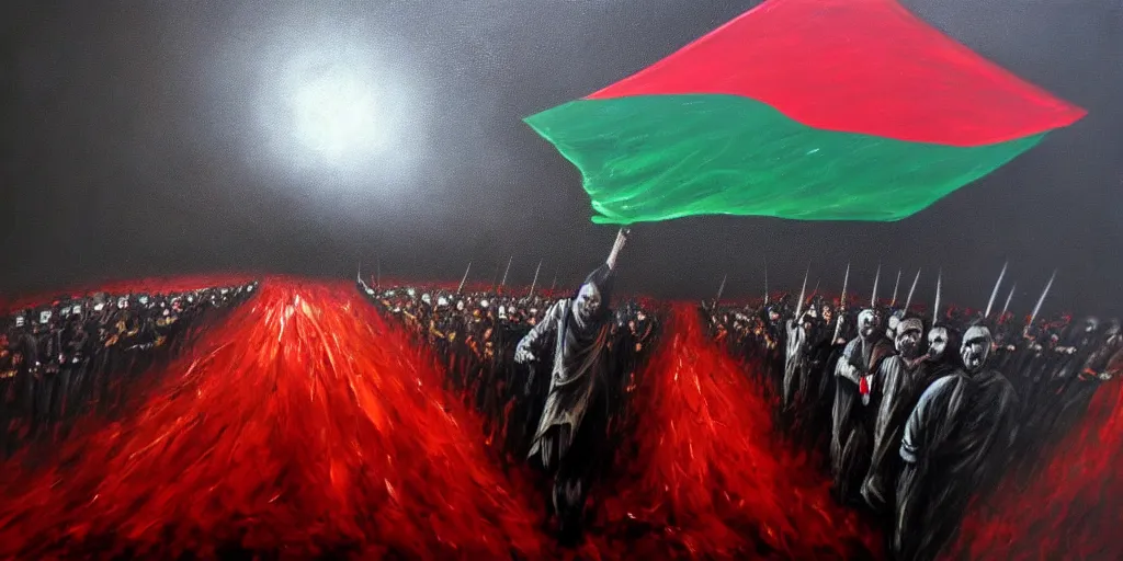 Prompt: dramatic dark oil painting of freedom for palestine, red green white black