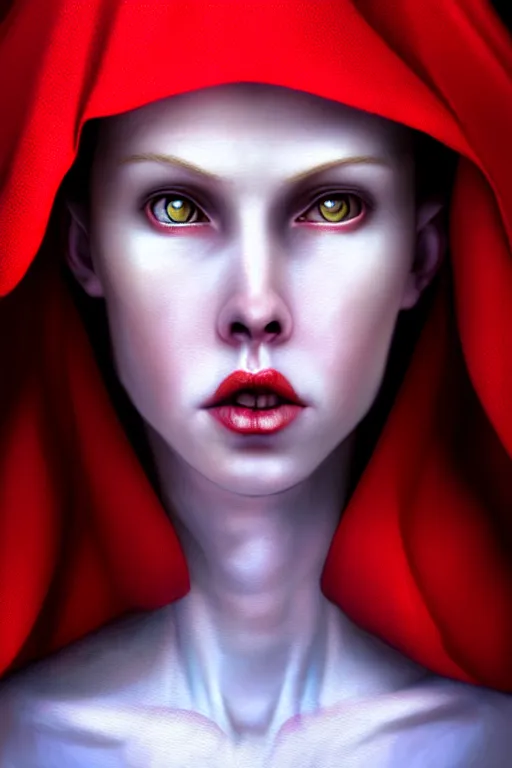 Prompt: hyperrealistic mixed media painting of beautiful Red Riding Hood, pale skin, full body, nervous expression, shadowy wolf figure looming overhead in background, stunning 3d render inspired art by P. Craig Russell and Barry Windsor-Smith + perfect facial symmetry + dim volumetric lighting, 8k octane beautifully detailed render, post-processing, extremely hyperdetailed, intricate, epic composition, grim yet sparkling atmosphere, cinematic lighting + masterpiece, trending on artstation, very very detailed, masterpiece, stunning