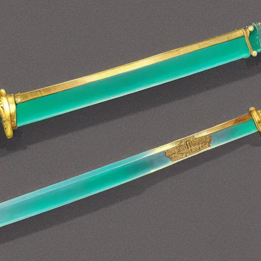 Image similar to photograph of a large green and teal crystal sword with a gold sword hilt