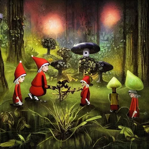 Prompt: an elf community looking for mushroom in an alien forest at night, artificial lighting all around the place, artwork by bansky