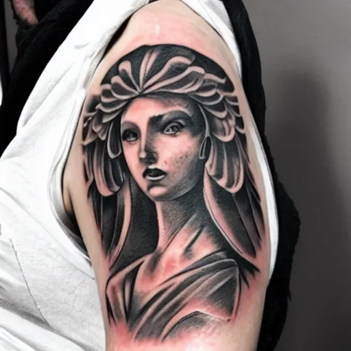 Image similar to Tattoo of a biblically accurate angel on shoulder