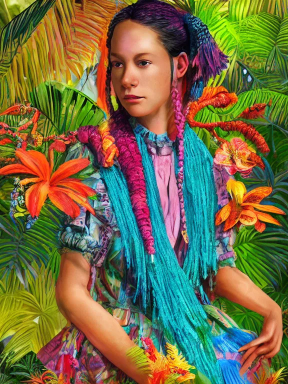 Image similar to beautiful portrait of a Subtropics minority colorful pigtail female wearing fantastic Hand-dyed cotton dress, embellished beaded and decorative fringe knots ,around subtropical plants and flowers and birds,intricate, elegant, highly detailed, dim volumetric lighting, 8k,octane,post-processing,digital painting, trending on artstation, concept art, smooth, sharp focus, illustration,by Tom Bagshaw and Daniel Gerhartz and Albert Aublet and Lawrence Alma-Tadema and alphonse mucha