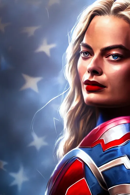 Prompt: Margot Robbie as Captain America, highly detailed, 4k HD, hyper-realistic, digital art