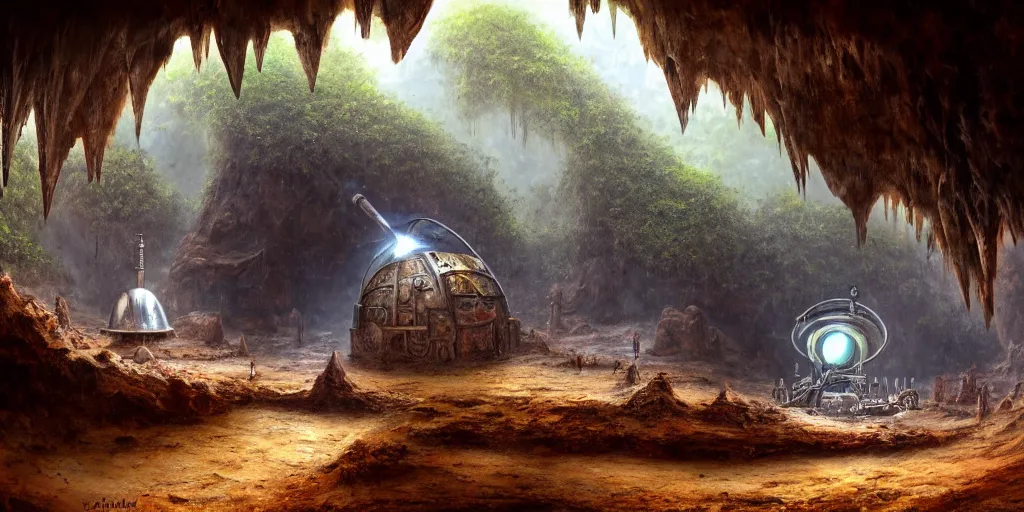 Image similar to a chrome bipdel conical drill visits a slightly rusted cave mouth in the jungle, retrofuturistic, matte oil painting, merchant tents, salt dunes, science fantasy, salt, rpg, epic, extremely detailed, sharp focus, 4 k