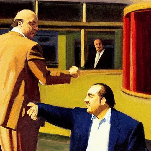 Image similar to tony soprano shaking hands with saul goodman, art by edward hopper, detailed,