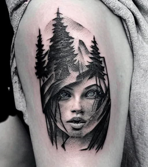 Prompt: tattoo design sketch of beautiful mountain scenery with a faded beautiful woman face, hyper - realistic, double exposure effect, in the style of matteo pasqualin, amazing detail, black and white, faded