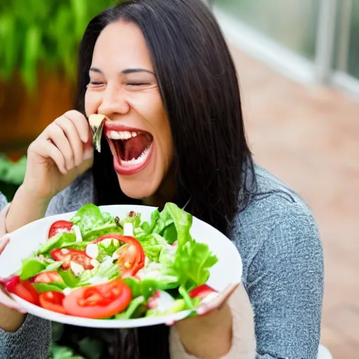 Image similar to Woman laughing and eating a salad, stock photo