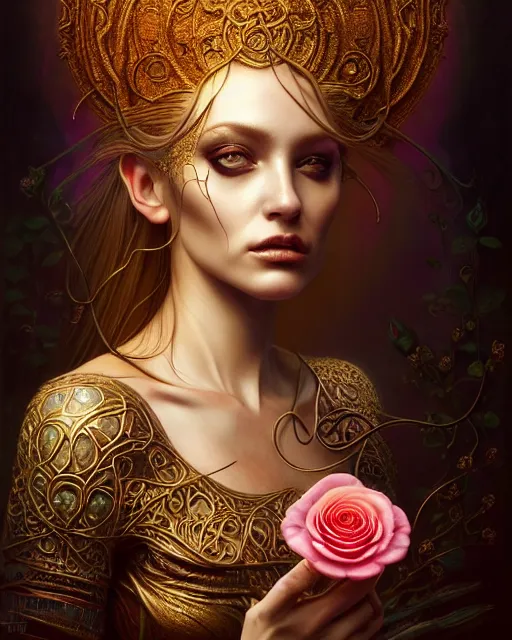 Prompt: portrait of a beautiful rose goddess, unusual beauty, esoteric, outher worldly colours, head in focus, fantasy art, ornamental rose aesthetics,, intricate, elegant, highly detailed hyperrealistic painting, artstation, concept art, painterly, golden ratio, sharp focus, illustration, art by tomasz alen kopera